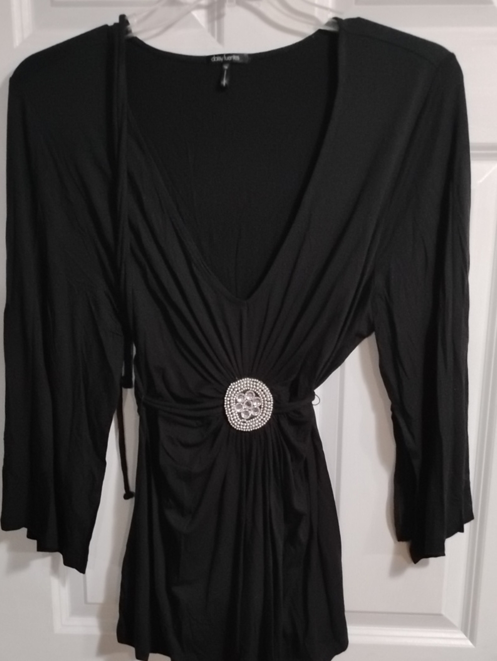 Daisy Fuentes Black V-Neck Long Sleeve Top with Rhinestone Medallion